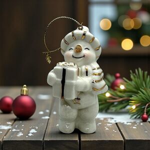 Imperial Collection Porcelain Snowman with Wrapped Gift  Christmas Ornament